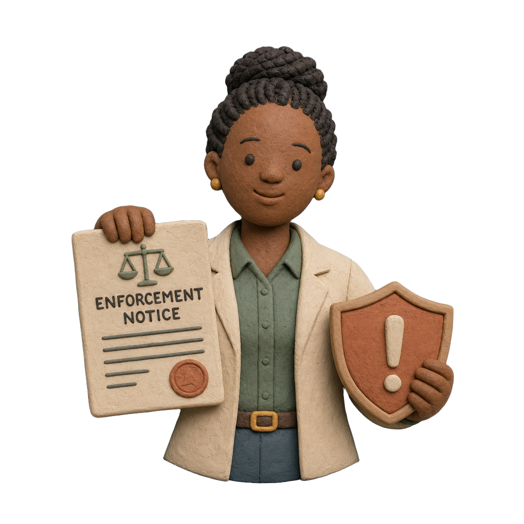 Clay illustration of a compliance officer holding an enforcement notice and warning shield