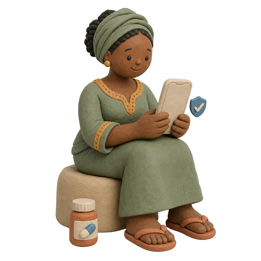 Clay illustration of a shopper checking a pharmacy rating on MedGate before buying medicine