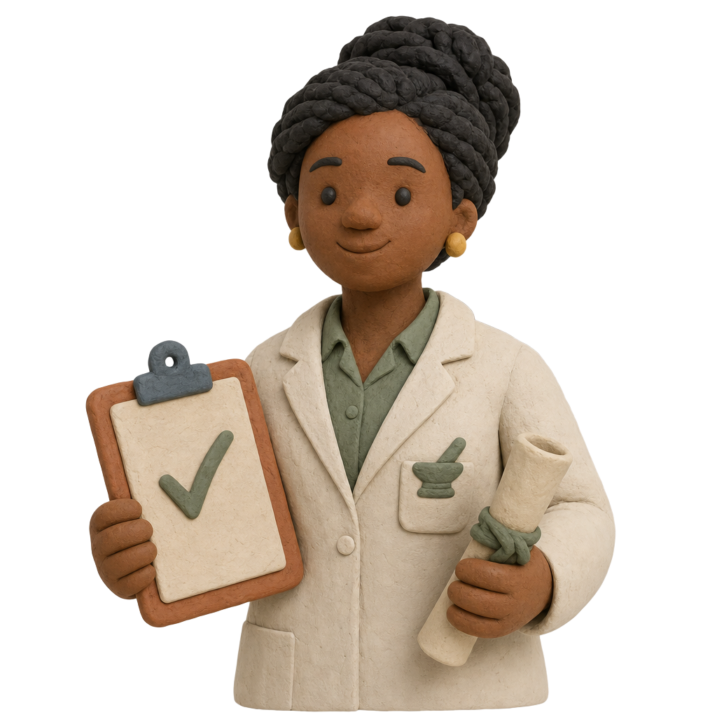 Clay illustration of a pharmacist beside compliance documents